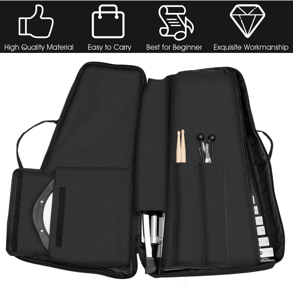 Giantex Percussion Glockenspiel Bell Kit 30 Notes, with Electroplated Adjustable Height Frame, Music Stand, an 8 Practice Pad, and a Pair of Bell Mallets & Wooden Drumsticks, Carrying Bag
