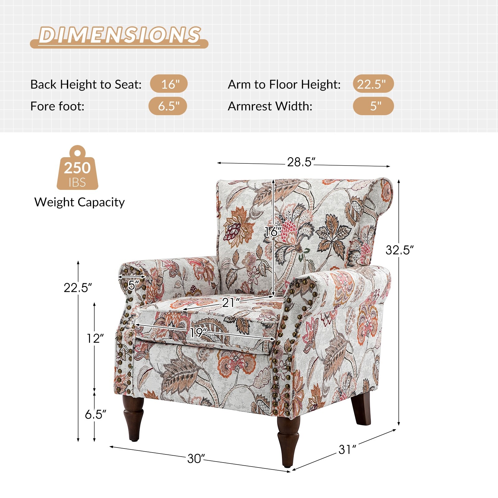 HULALA HOME Nyctelius Traditional Accent Armchair with Rolled Arms and Nailhead Trim by  PINK Floral