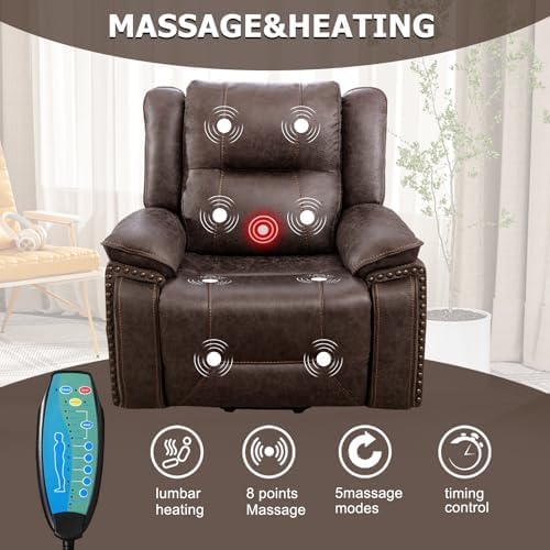 Phoenix Home Dual Motor Power Lift Chair for Elderly, Lift Chairs with Massage and Heat, Leather Electric Chairs for Adults, Recliner Chair with USB, 2 Concealed Cup Holders, Brown