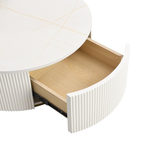 Round Nesting Coffee Table Set of 2 with Drawers, Stacking Sofa Side Furniture w/White Glossy Marble Veneer Top, Gold Frame, Fluted Design, for Living Room