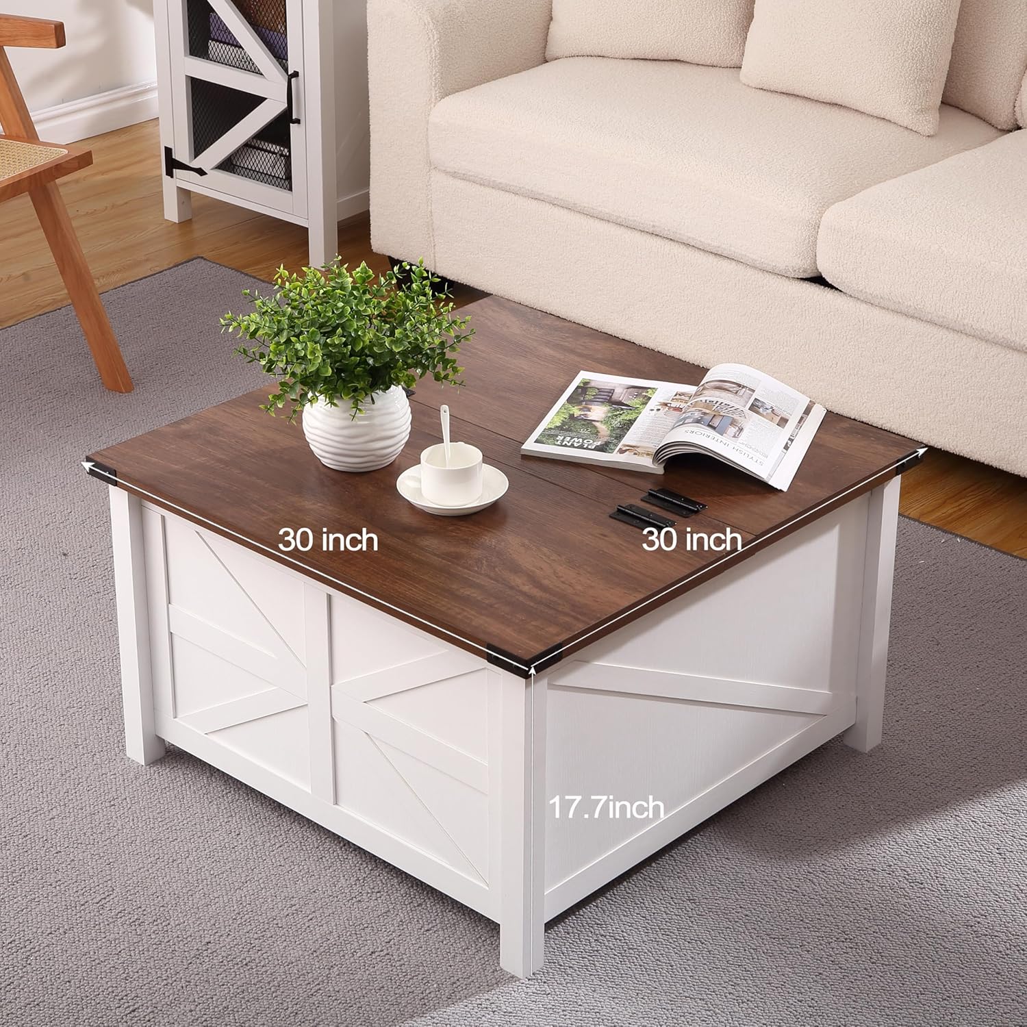 Farmhouse Square Coffee Table, Wood Center Table with Large Hidden Storage Compartment for Living Room, Rustic Cocktail Table with Hinged Lift Top for Living Room,Home Office