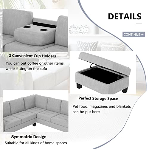 Sectional Corner Sofa L-Shape Couch Space Saving with Storage Ottoman & Cup Holders Design for Large Space Dorm Apartment,Light Grey Living Room Sectionals