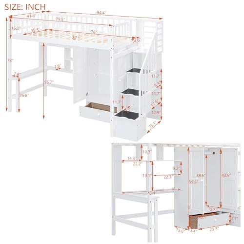 Full Size Loft Bed with Wardrobe Desk Storage Stairs, Wood Loft Bed Frame with Bookcase and Drawers, High Loft Bedframe for Kids Teens Adults, No Box Spring Needed, Espresso