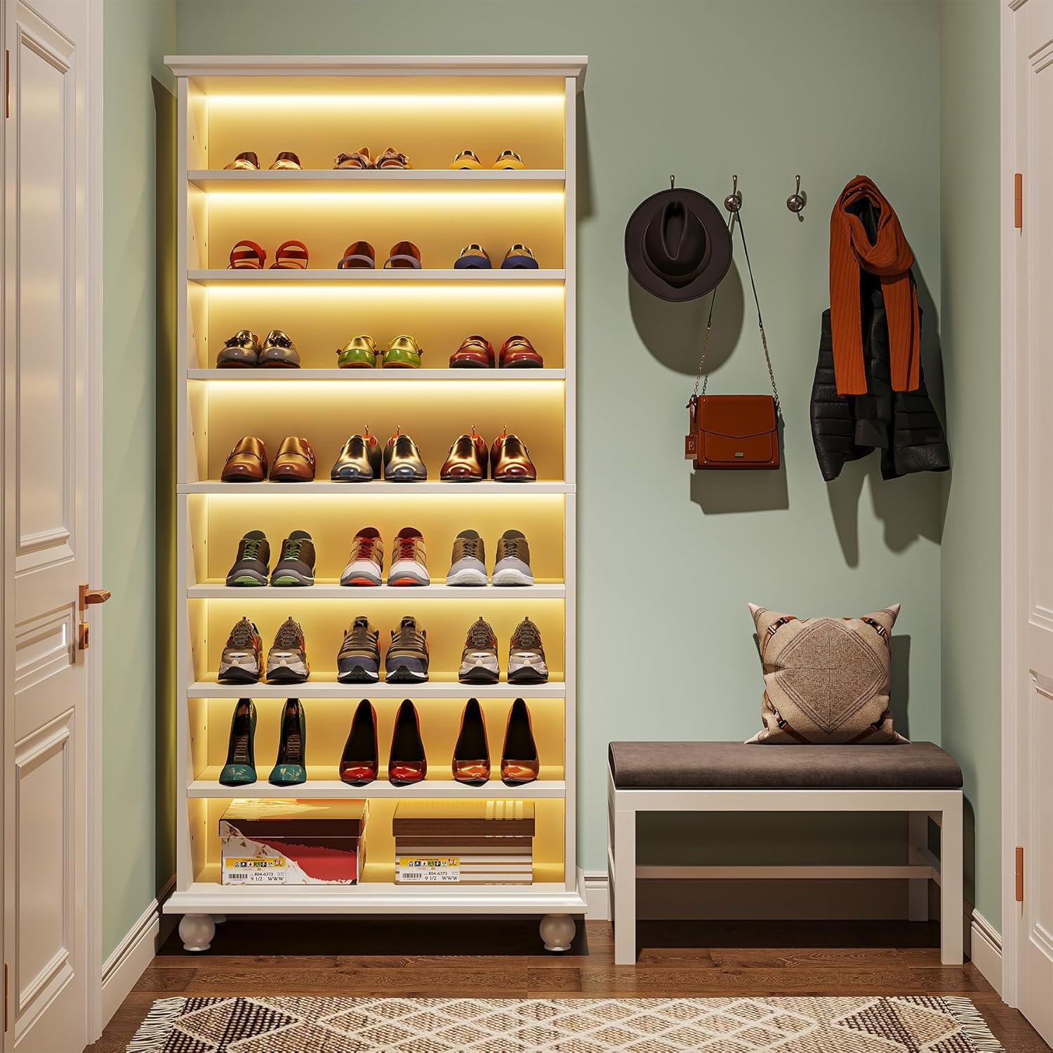 69" Tall Shoe Storage Cabinet with LED Lighting, 9-Tier 30 Pairs Freestanding Shoes Display Cabinet with Solid Wood Legs for Entryway, White