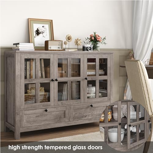 Keyluv Buffet Cabinet Wood/Glass Sideboard Storage Cabinet with 3 Doors and 2 Drawers, 47.2 inches Kitchen Buffet Table for Dining Room, Living Room, Entryway, Rustic