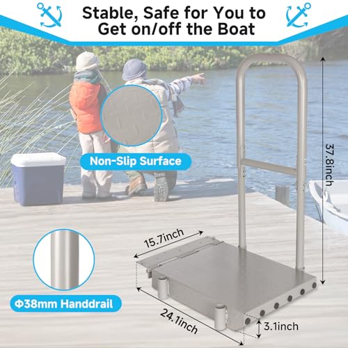 Folding Boat Boarding Platform with Handrail – Anti-Rust Dock Steps for Lake, 500lbs Capacity, Non-Slip Surface, Ground Lock & Bumper Strip – Dock Ramp for Boats, Pontoons, Yachts