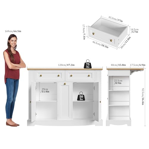 Kitchen Island with Storage, Kitchen Cart with Drop Leaf Countertop, Island Table with Open Spice Rack, 2 Drawers & Pull-Out Slim Bar Cart, White