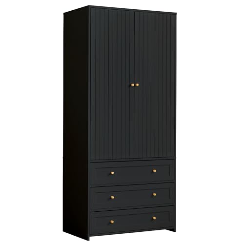 Wardrobe Closet Armoire, 71 "Wardrobe Armoire Wooden Closet with 3 Drawers, 2 Doors Household Freestanding Wooden Closet Storage Cabinet for Bedroom (Black)