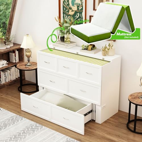 MOUMON Queen Size Murphy Bed with Charging Station, Murphy Bed Cabinet with 1 Drawer, Murphy Bed Queen Murphy Bed Chest with Black Handles, for Office Bedroom White (81.5”W x 61.8”D x 40.9”H)