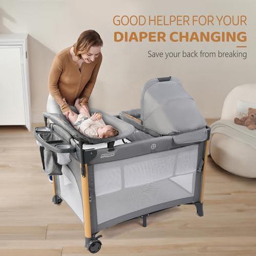 JOYMOR 7 in 1 Bedside Bassinet with Changing Table, All in One Nursery Center, Bedside Sleeper with Mattress, Sheet, Canopy, Storage Shelf and Hanging Toy,Gray
