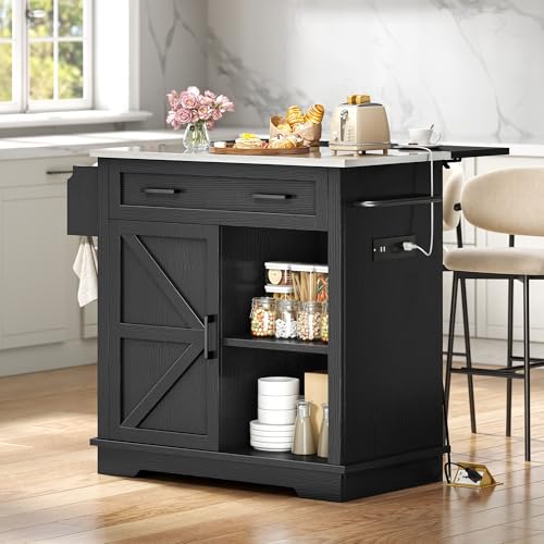 YITAHOME Kitchen Island with Stainless Steel Top & Drop Leaf, 47 Inch Kitchen Island on Wheels with Power Outlet, Rolling Portable Mobile Kitchen Cart w Storage Drawer Cabinet Counter Metal Top, White