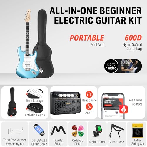 Donner DST-100B 39 Inch Electric Guitar Beginner Kit Solid Body Full Size Black HSS for Starter, with Amplifier, Bag, Digital Tuner, Capo, Strap, String,Cable, Picks