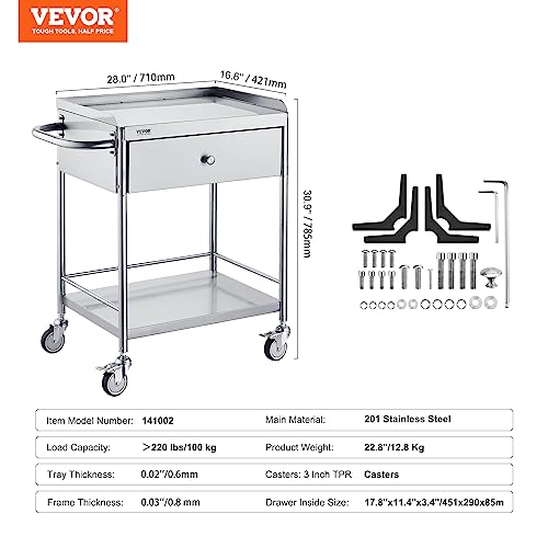 VEVOR Shelf Stainless Steel Utility Cart Catering Cart with Wheels Medical Dental Lab Cart Rolling Cart Commercial Wheel Dolly Restaurant Dinging Utility Services (2 Shelves/ 1 Drawer)