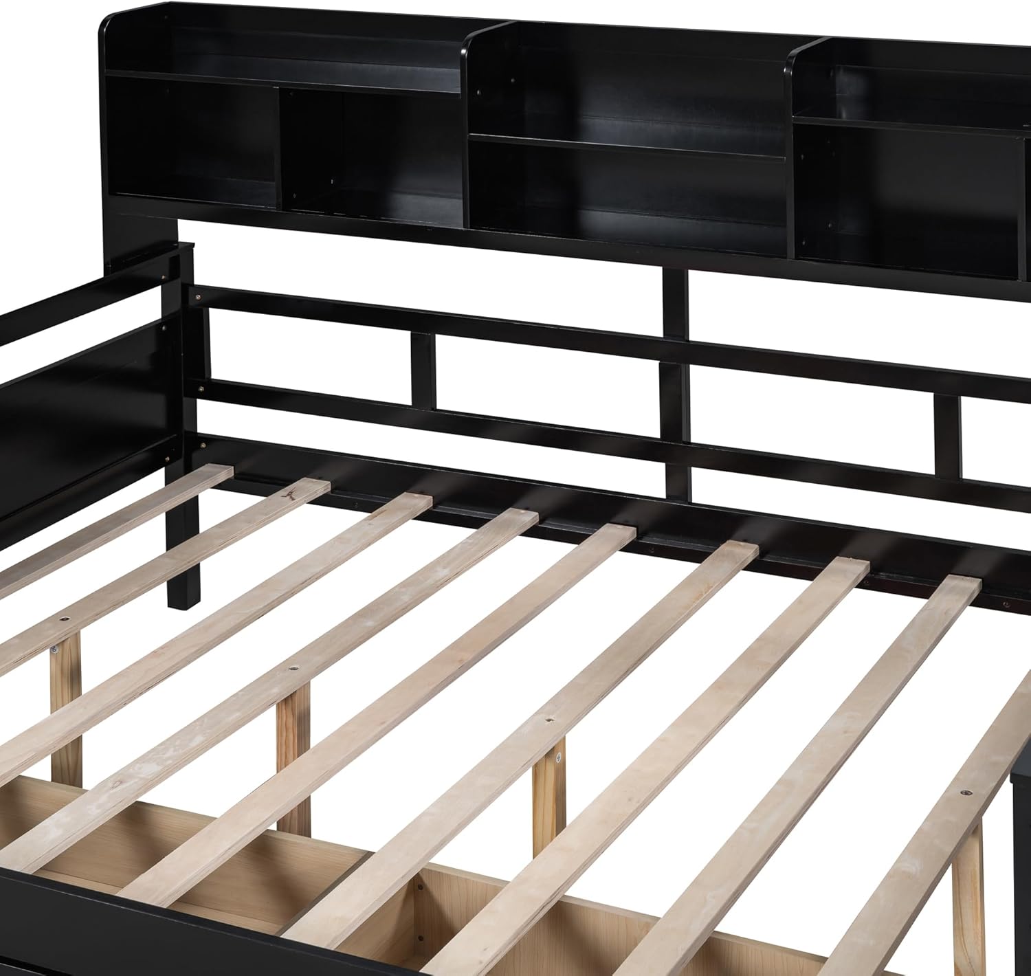 Full Size Wood Daybed with 2 Storage Drawers and Bedside Shelves, Sofa Bed Frame for Livingroom, Bedroom, Espresso