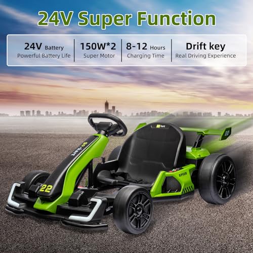 24V Electric Go Kart,300W Powerful Drift Kart for Kids, Electric Pedal Kart,with 300W Strong Motor, Drift/Sport Mode, Big Battery, Eva Tire,Length Adjustmen for Outdoor Racing Toy-White
