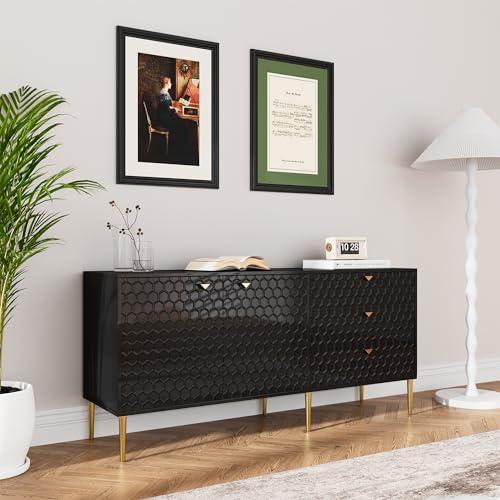 Sideboard Buffet Cabinet, 48 Inch Modern Storage Cabinet with 3 Doors and Adjustable Shelves, Free-Standing Cabinet with Gold Legs for Living Room, Dining Room, Entryway, Office,White