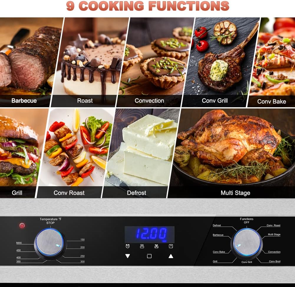 24 Single Wall Oven, thermomate 2.3 Cu.ft. Built-in Electric Wall Oven with 5 Cooking Functions, 2000W Electric Ovens with Stainless Steel Finish, Mechanical Knobs Control, ETL Certified
