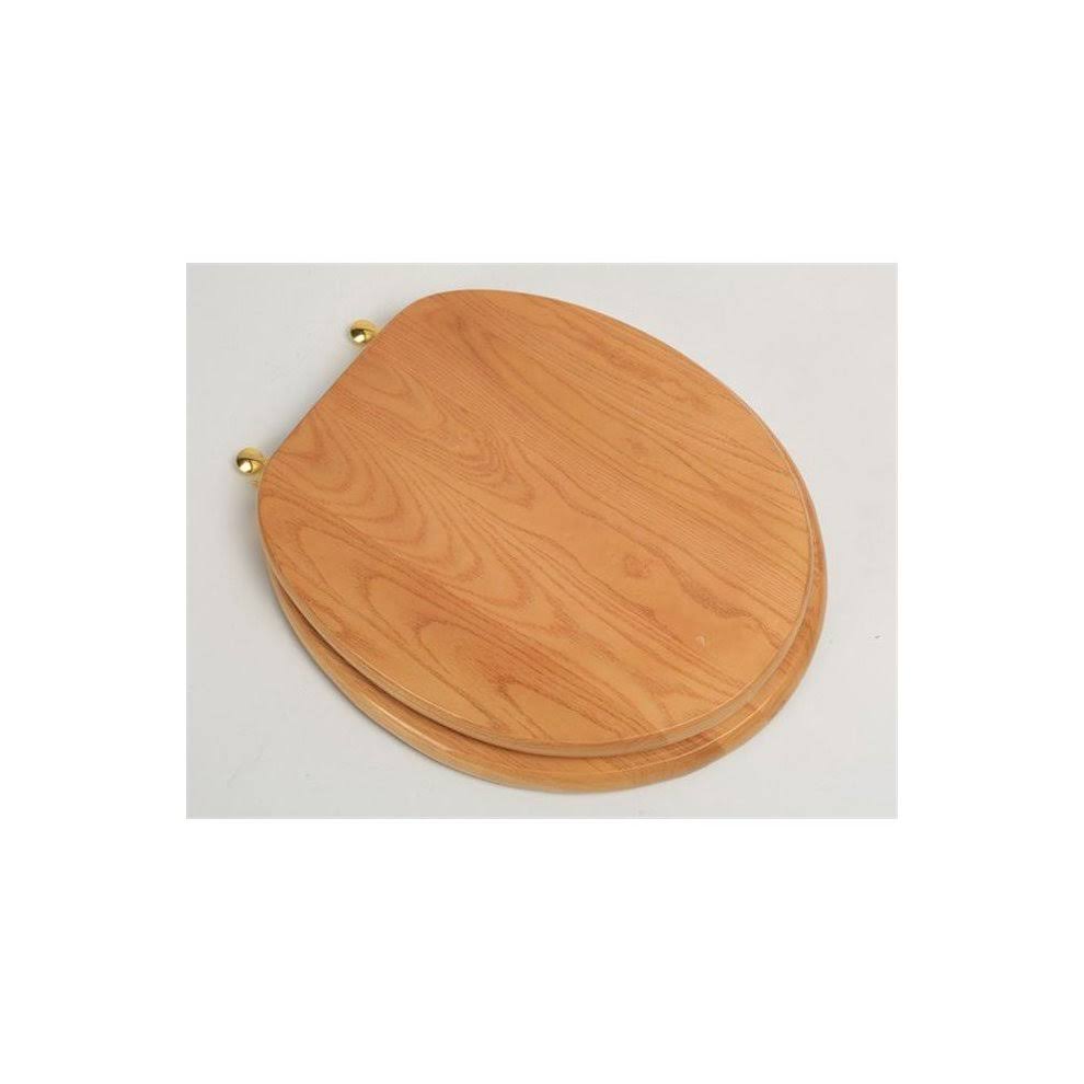 GSI Homestyles Designer Solid Round Oak Wood Toilet Seat with Polished Brass Hinges, Natural Red Oak HO115545