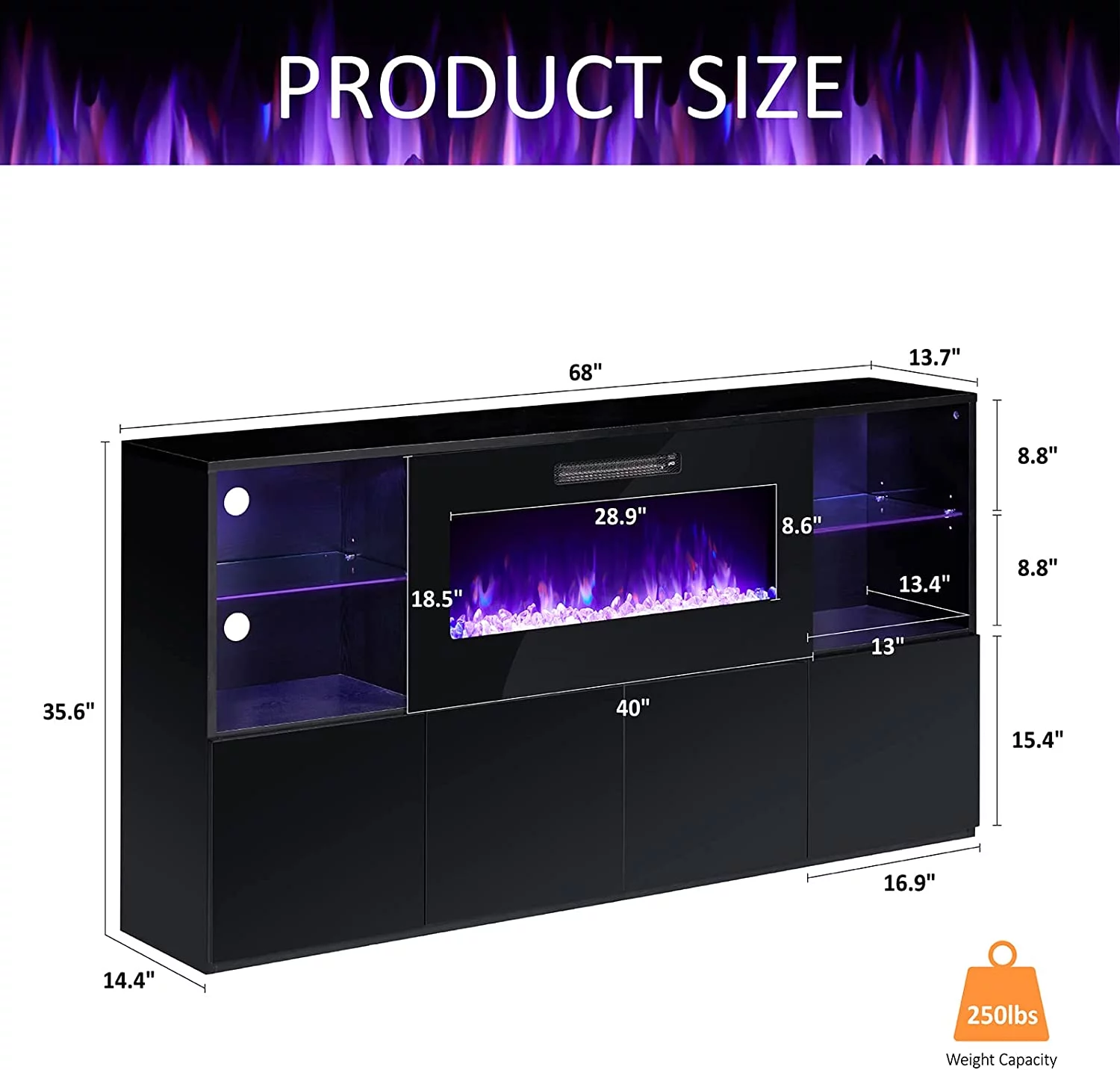 AMERLIFE Modern High Gloss 68" Fireplace TV Stand, Media Entertainment Center with Electric Fireplace & LED Lights for TVs up to 78", TV Console Storage Cabinet with Adjustable Glass Shelves, Black