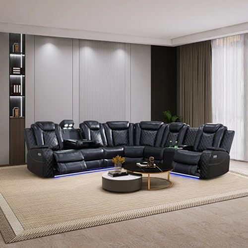 Leather Power Recliner Sectional Sofa with LED, Power Reclining Sectional Couch, Breathing Leather Sofa Couch with USB Port&Cup Holder for Living Room (Living Room Set,Cream White)