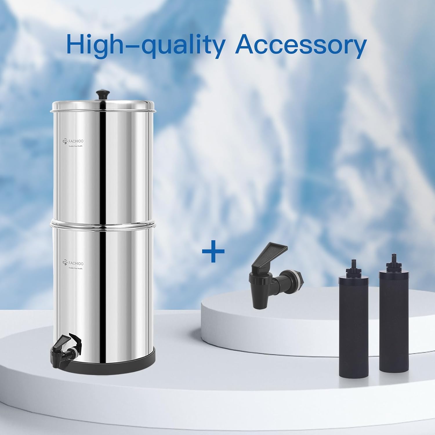 Gravity-fed Water Filter System, 1.5-Gallon Stainless Steel Countertop System with 4 Black Filters and Spigot, Reduces 99% Chlorine, King Tank Series