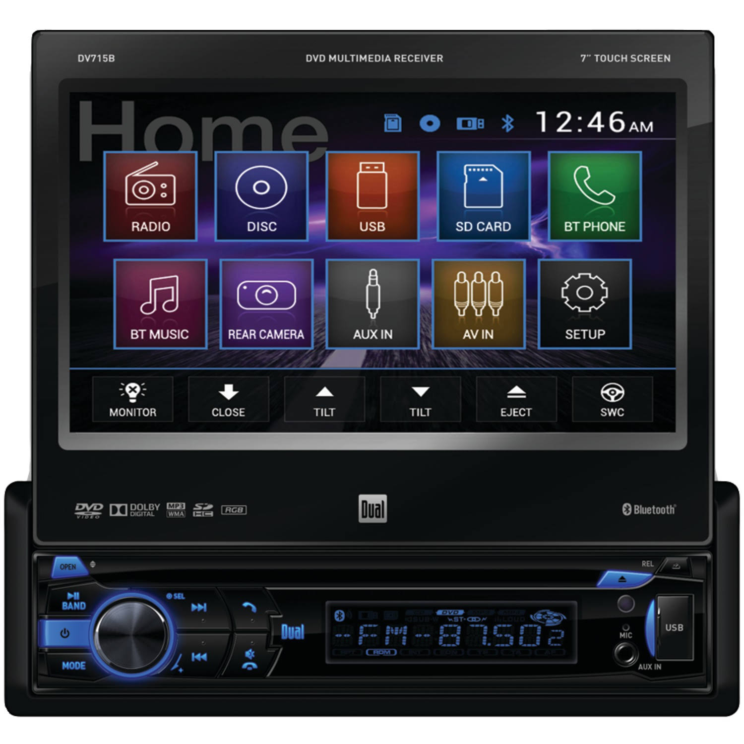 Dual Dv715b 7x22 Single-DIN In-Dash DVD Receiver with Motorized Touchscreen u0026 Bluetooth