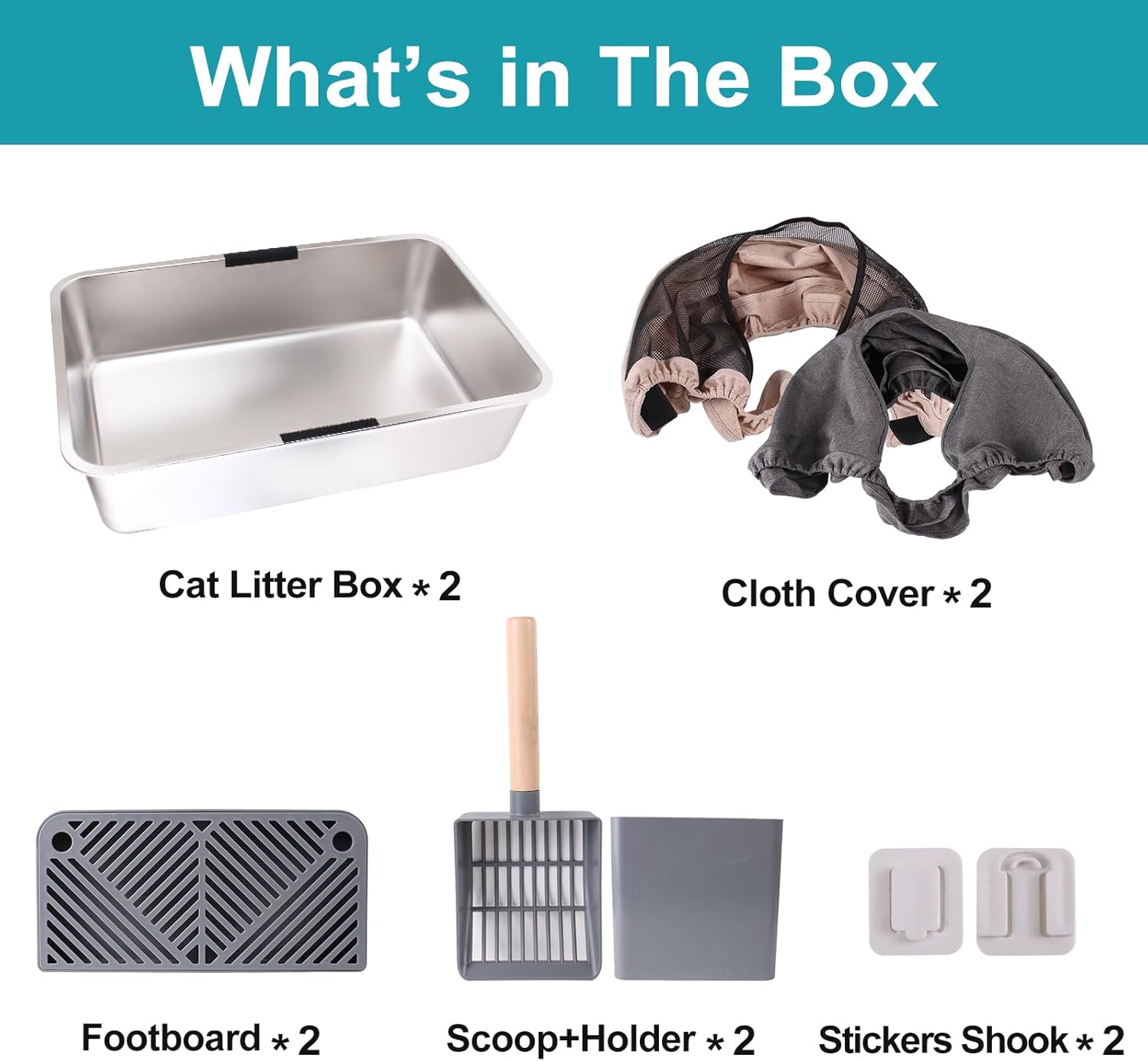 2 Pack Large(24*16*17"H) Stainless Steel Cat Litter Box with Lid, Extra Large Metal Litter Box for big cats, Litter box Includes Litter Scoop Scoop Holder Footpad Easy Cleaning Non-Sticky