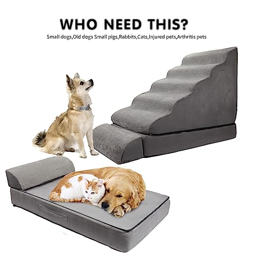 Foam Dog Stairs & Steps Ramps for High Beds 30-36 inches High Tall, LitaiL 6 Step Pet Stairs/Steps for High Beds 30 inch Large Dogs, Non-Slip Dog Ramps for Small Dogs, for Older Dogs/Cats Injured