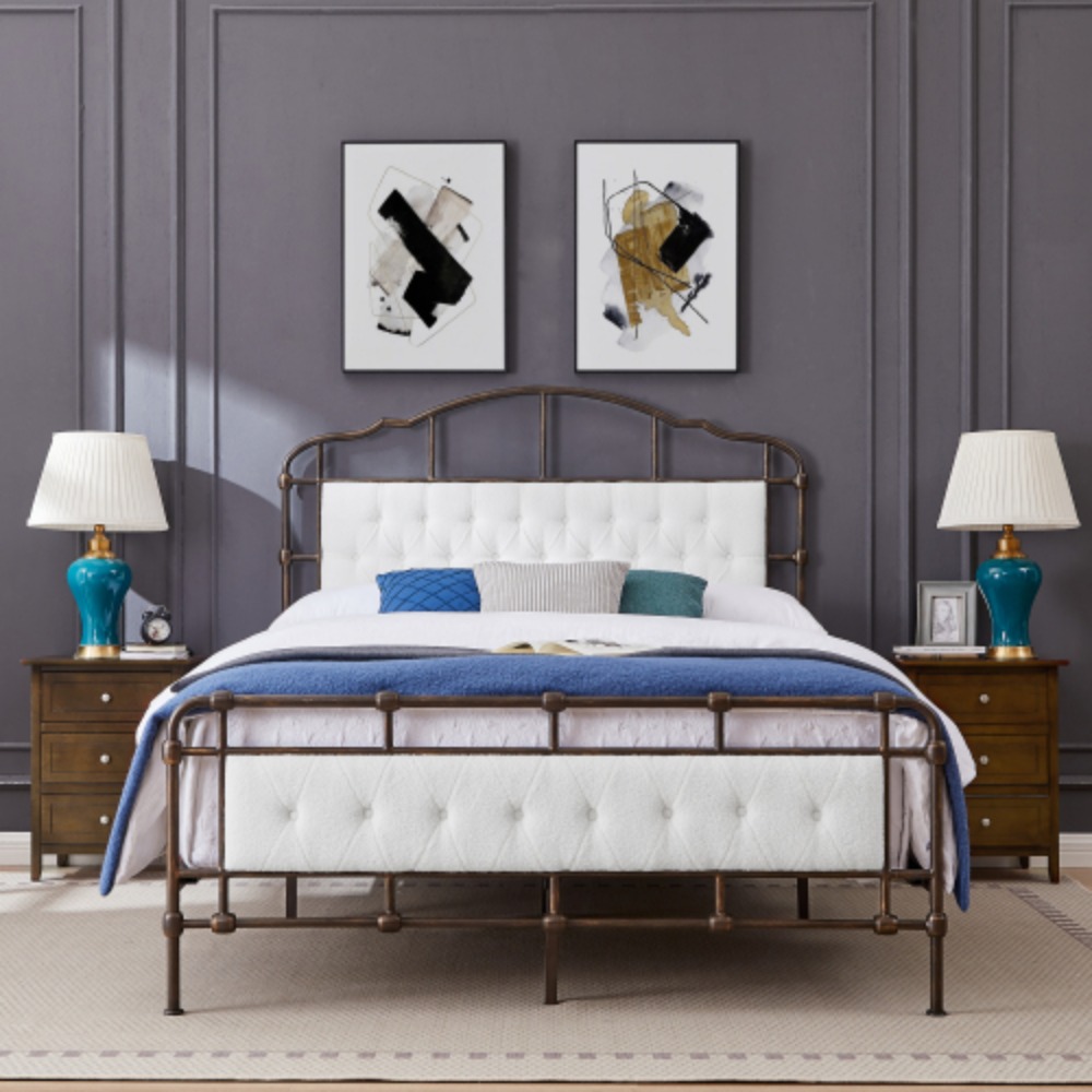 Queen size High Boad Metal bed with soft head and tail, no spring, easy to assemble, no noise  Foam + White + Metal + Bedroom + Queen + Bed Frame