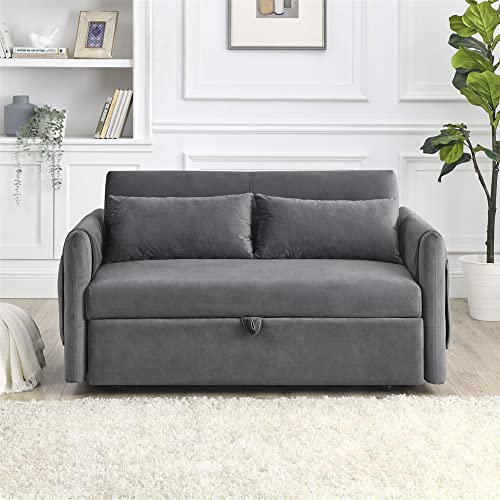 55" Convertible Sleeper Sofa Bed with 2 Pillows and 2 Detachable Pockets, Modern Velvet Upholstered Loveseat Sofa Couch with Pull Out Bed and Adjustable Backrest, Multifunctional 2-Seater Sofa, Blue