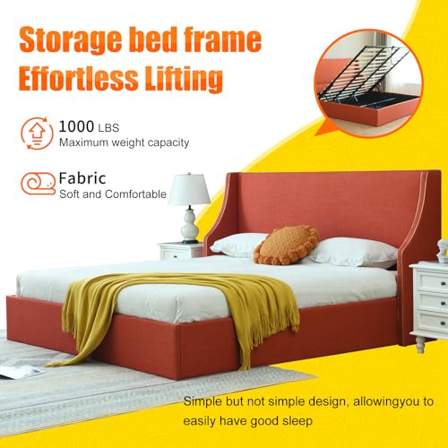 Queen Size Hydraulic Lift Bed, Upholstered Platform Storage Bed, Dual Wing Back Headboard with Gold Line Accents, Hydraulic Support Bars, No Box Spring Required, Easy Assembly (OCHER, King)