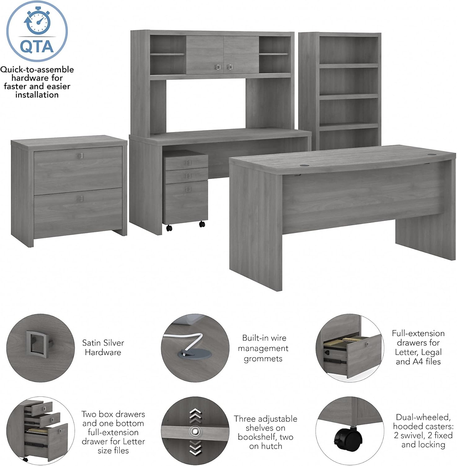 Bush Business Furniture Echo Bow Front Desk, Credenza with Hutch, Bookcase and File Cabinets, Modern Gray