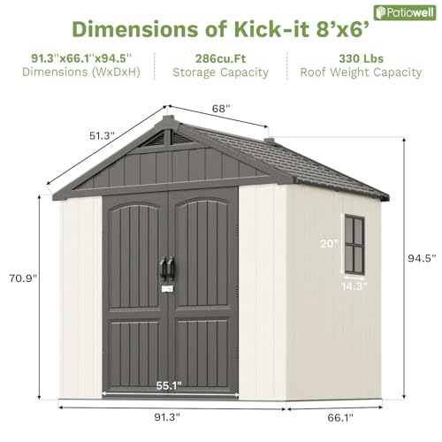 Patiowell 8 x 12 FT Plastic Outdoor Storage Shed with Floor, Resin Shed with Window and Lockable Door for Garden, Backyard, Tool Storage Use, Easy to Install in Beige (Kick-it Shed)