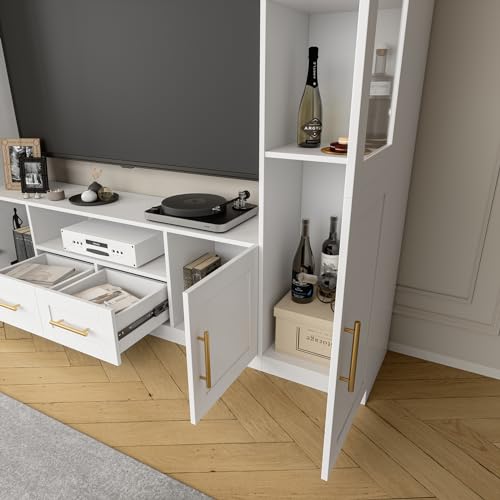 Entertainment Wall Unit for Living Room with Storage Bridge, Modern TV Stand with Glass Doors & Shelves, TV Media Console Table for TVs Up to 70", Entertainment Center with Bookshelves White