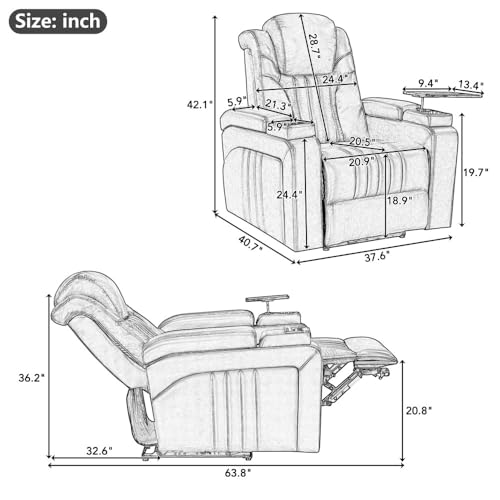 PU Leather Power Recliner Home Theater Recliner with Power Adjustable Headrest, Wireless Charging Device, USB Port, Storage Arms, Cup Holder and Swivel Tray Table for Living Room (Brown)