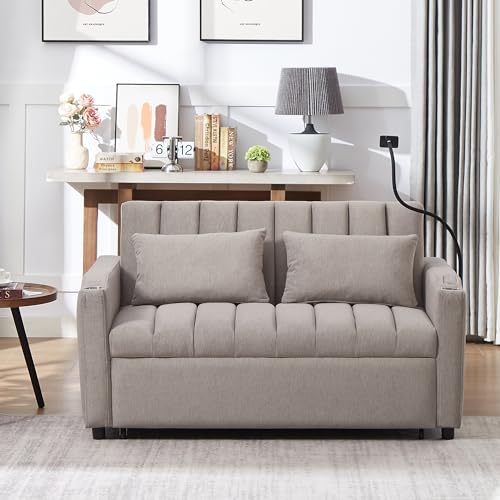 XD Designs 3 in 1 Convertible Single Sofa, Pull Out Sofa Bed Lounger Chair with Pillow and Adjust Backrest, Multi-Function Sleeper Chair Bed for Living Room or Apartment (Beige-3)