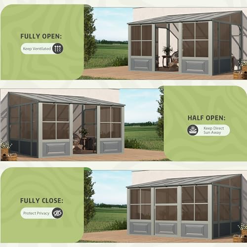 EROMMY 10' x 16' Sunroom, Wall Mounted Gazebo Solarium with Aluminum Frame, Polycarbonate Roof, Permanent Sun Room with Sliding Doors, Lockable PC Screen Walls, Lean to Gazebo for Garden, Patio, Deck