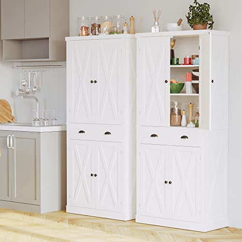 IRONCK Kitchen Pantry Storage Cabinet 72.6" H, with Barn Doors, Drawer, 4 Adjustable Shelves, Freestanding Cupboard for Dining Room Living Room, Laundry, White