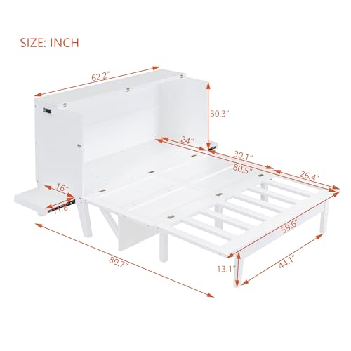 Queen Murphy Bed, Modern Wall Bed with Desk, Built-in Dual Power/USB Ports, Wood Murphy Bed Cabinet Bed Removable Shelves, Murphy Bed Chest Murphy Bed Frame for Guest Bedroom, Pulley Design, Grey