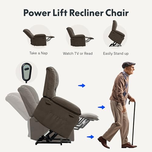 FLEXISPOT XL2 Power Lift Recliner Chair for Elderly, Electric Lift Recliner Chair for Adults with Massage and Heat, Fabric Lift Chair Sofa with 2 Side Pockets for Living Room Bedroom(Brown)