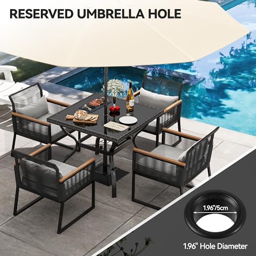 YITAHOME Patio Dining Chairs Set of 4, Outdoor Wicker Furniture Dining Chairs, All-Weather Rattan Conversation Chairs with Wood Armrest and Soft Cushions for Backyard Deck (Black+Light Gray)