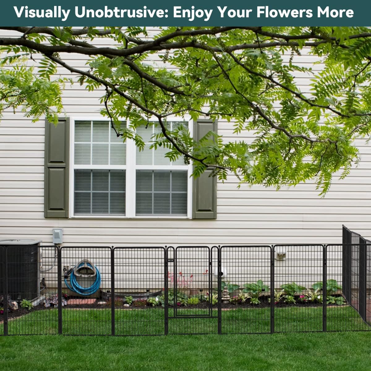 FXW Decorative Garden Metal Fence Temporary Animal Barrier for Yard, 7 Panels+1 Gate, 20'(L)×50"(H), Black