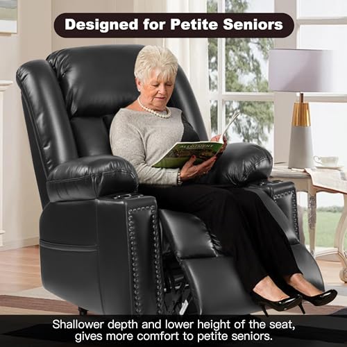 Small Dual Motor Power Lift Chairs Recliners for Elderly with Heat and Massage, Infinite Position Adjustable Lift Chair, Breathable Leather, USB Port, Side Pockets (Black)
