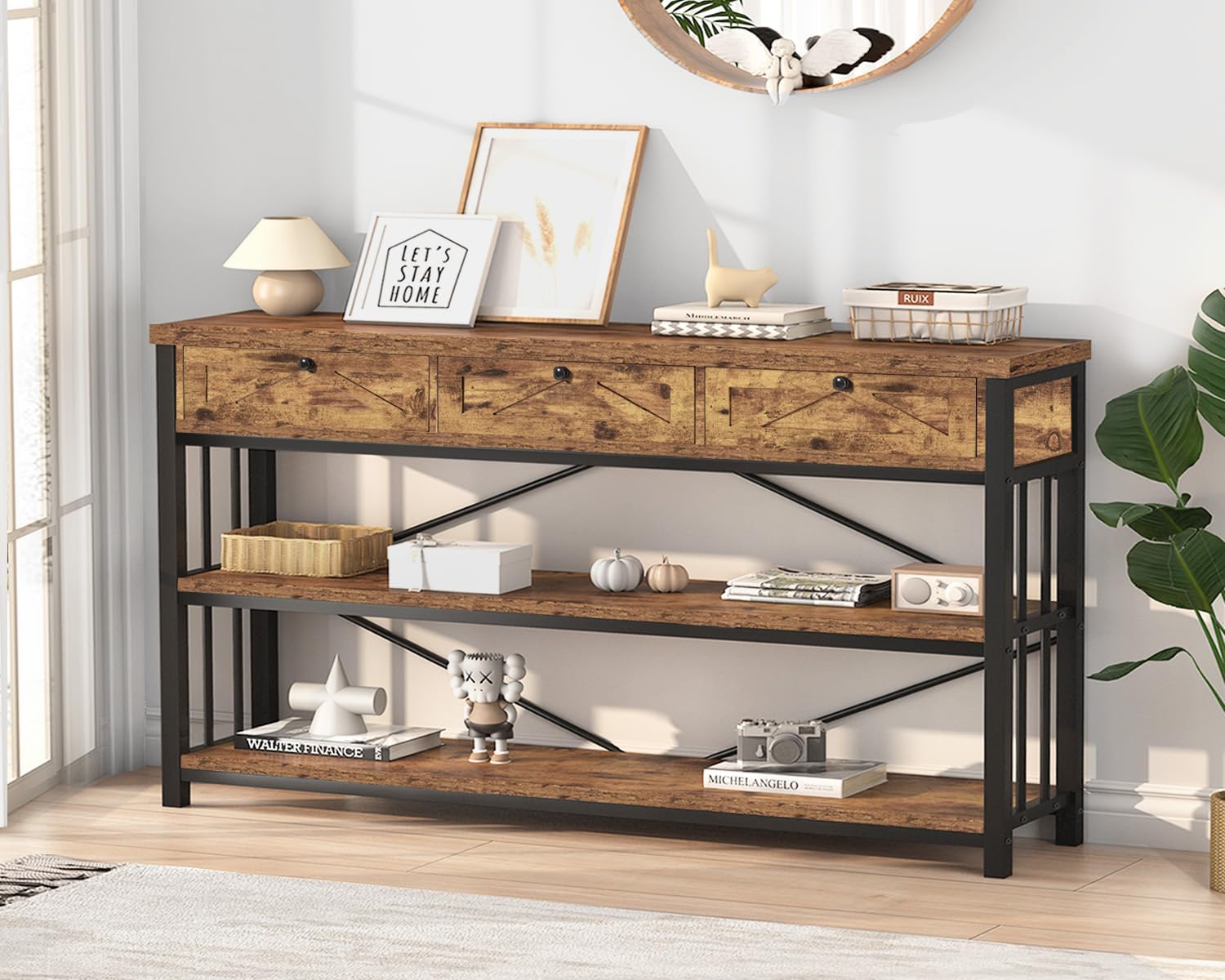 HSH Entryway Console Table with 3 Drawers, Wood Metal 3 Tier Sofa Table with Storage Shelf for Hallway, Farmhouse Industrial Entry Tables Behind Couch for Living Room Kitchen, Rustic Brown, 55 inch