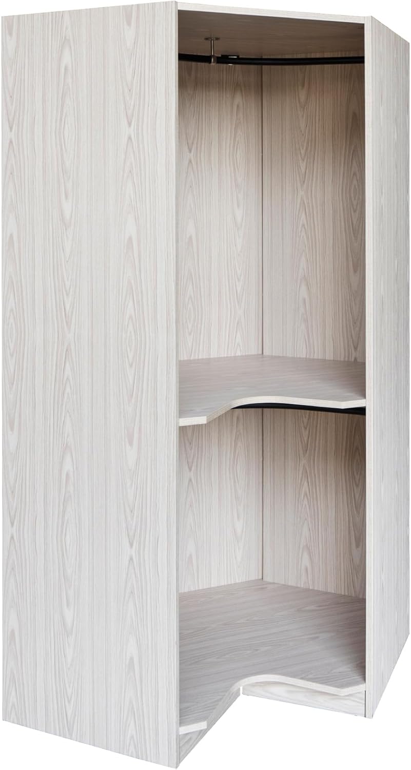 Corner Wardrobe Closet with 2 Hanging Rails and Shelves, Open Style Wooden Clothes Storage Cabinet for Bedroom Office, Polygon Design, 23.6”L x 43.3”W x 63.6”H, Natural