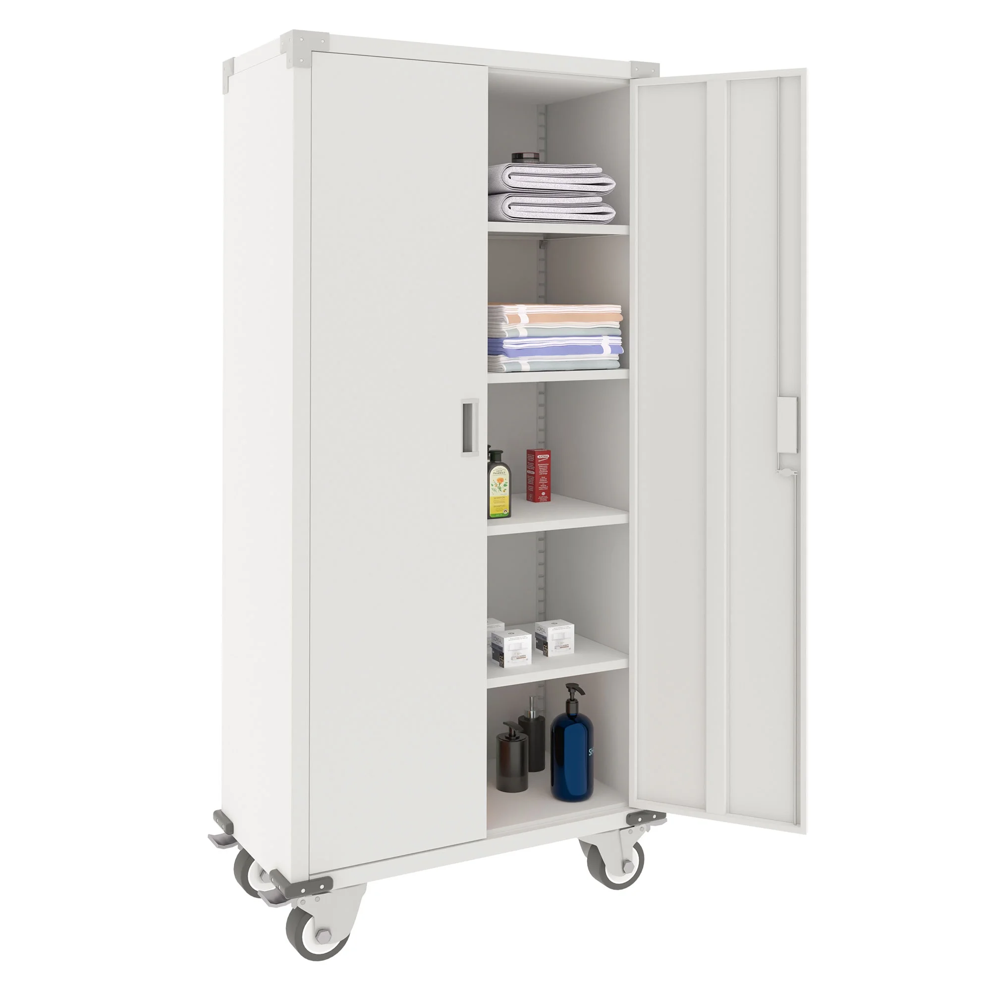AOBABO 72” Locking Metal Garage Storage Cabinet w/Wheels & Pegboards, White