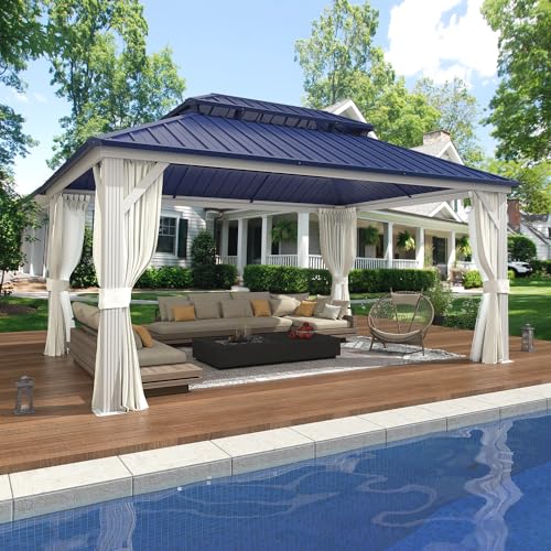 EROMMY 14'x20' Hardtop Gazebo Double Roof Galvanized Steel Canopy Outdoor Aluminum Frame Permanent Metal Pavilion with Netting and Curtains for Patio Backyard Deck and Lawns
