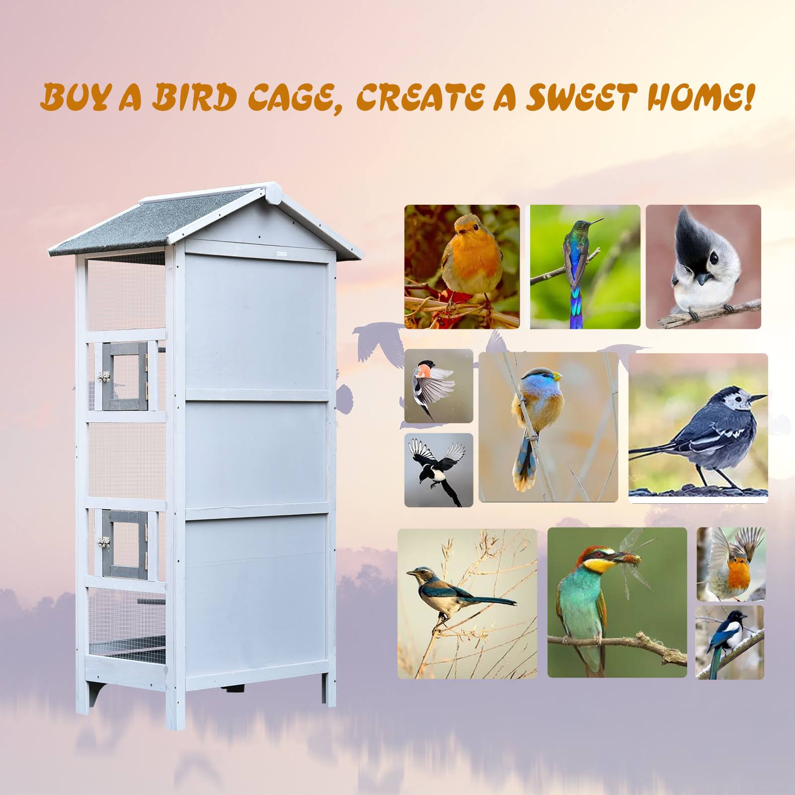 Pawhut Outdoor Wooden Aviary Bird Cage Large Play House w/ Removable Bottom Tray - Grey