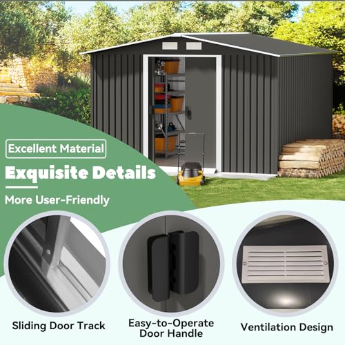 10' x 10' Outdoor Storage Shed, Garden Tool Shed with Double Sliding Door and Sloping Roof, Metal Shed House for Backyard Patio Lawn to Store Utility and Tools, Gray