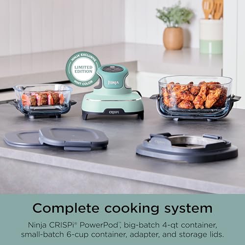 Ninja Crispi Air Fryer, Microwave, Freezer & Dishwasher Safe, Non Toxic Glass Portable Cooking System, 4 QT & 6 Cup Glass Containers with Storage Lids, Easy Meals, Air Fry, Bake, Green, FN101SG